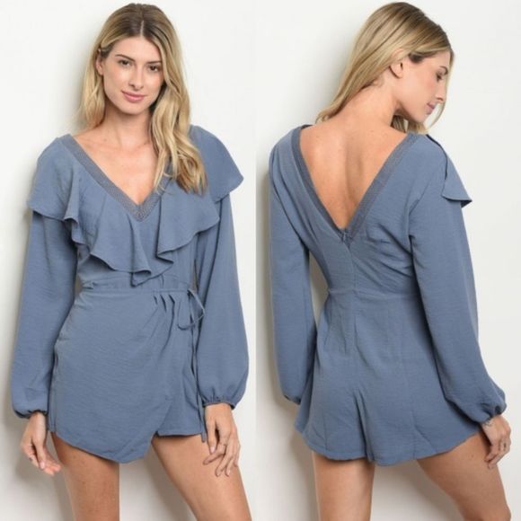 Blue Long Sleeve Ruffle Romper - Picture 1 of 1